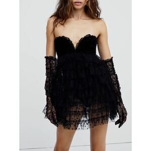 For Love & Lemons Jourdan Off the Shoulder Mini Dress Black w/ Gloves size M